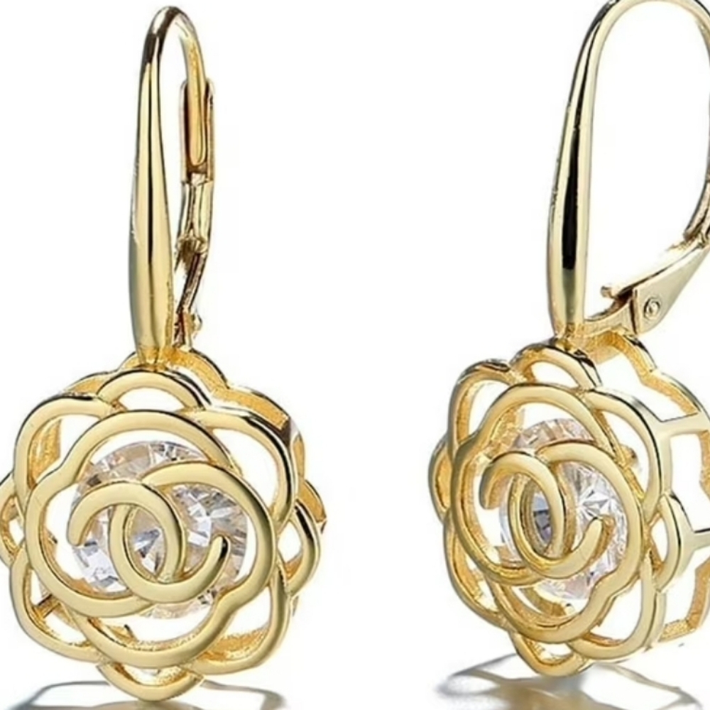 14K Yellow Gold Plated Caged with Crystals from  Rose Lever Back Earrin
